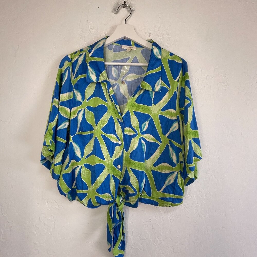 Haute Hippie Womens Tie-Front Button-Up Blouse XL Blue & Green Leaf Print NWOT